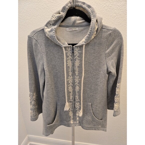 Newbury Kustom Gray Floral Embroidered Zip Up Hoodie Sweatshirt Cottagecore Boho - Picture 1 of 12